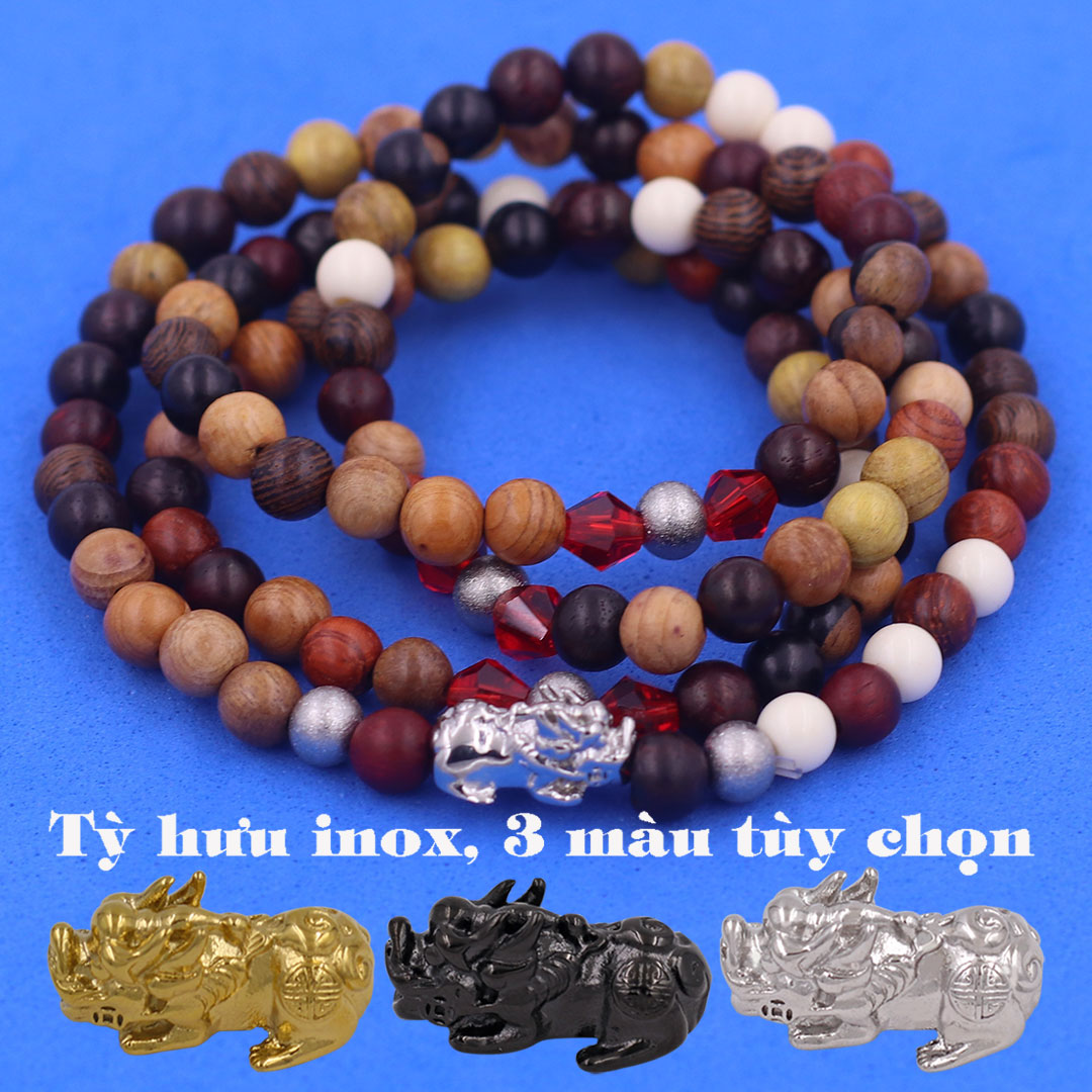Vòng chuỗi 108 hạt Gỗ Đàn hương charm tỳ hưu inox - Chuỗi hạt 6 ly, 8 ly - Vòng chuỗi niệm Phật Bình an, May mắn