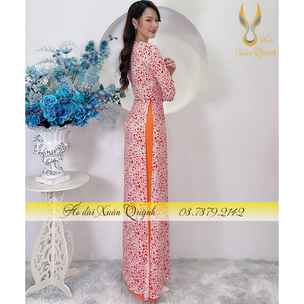 Áo Dài Truyền Thống Màu Đỏ Phối Cam Thanh Lịch, Duyên Dáng Lụa Habutai Cao Cấp K65