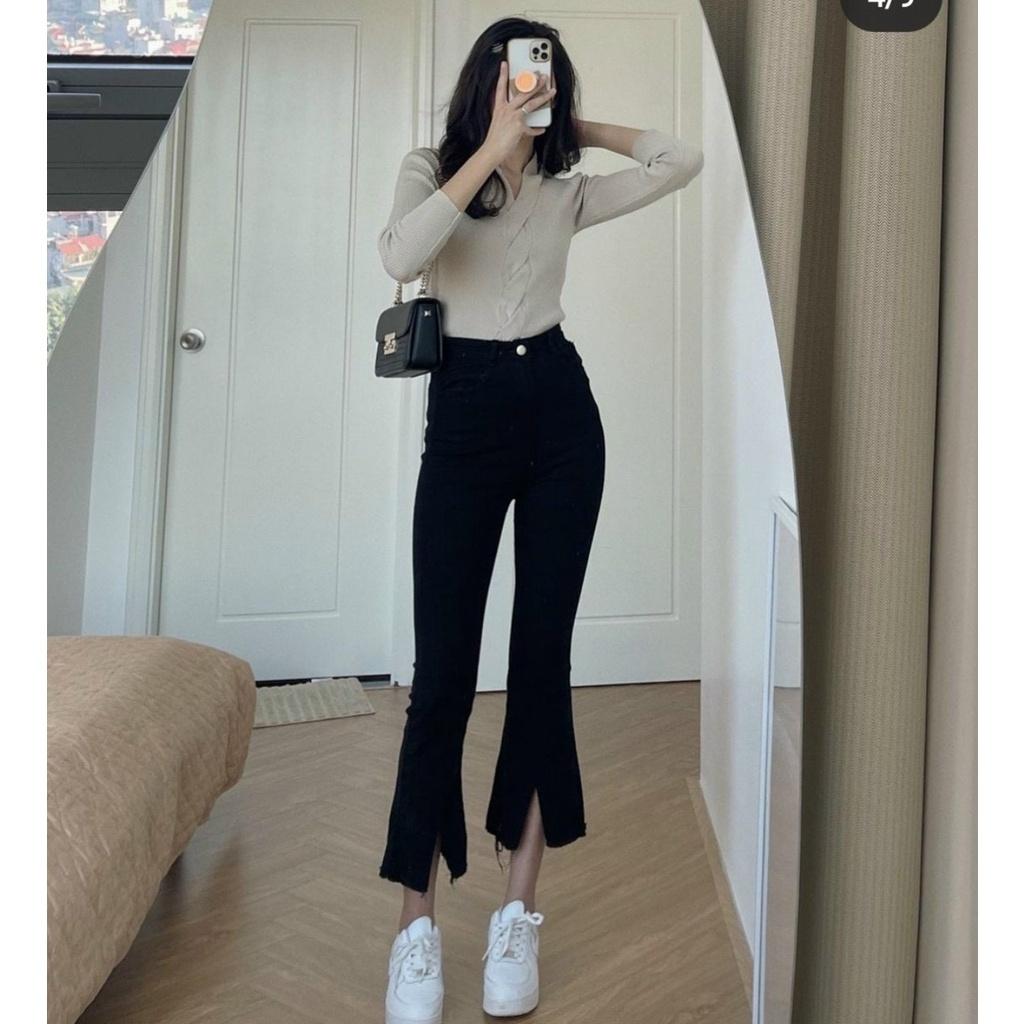 Quần Jean Ống Loe Lưng Cao Co Giãn Cắt Gấu Hàng Cao Cấp ThunderUnisex Quần Bò Ống Loe Rách Gấu Nữ Fullsize Co Giãn