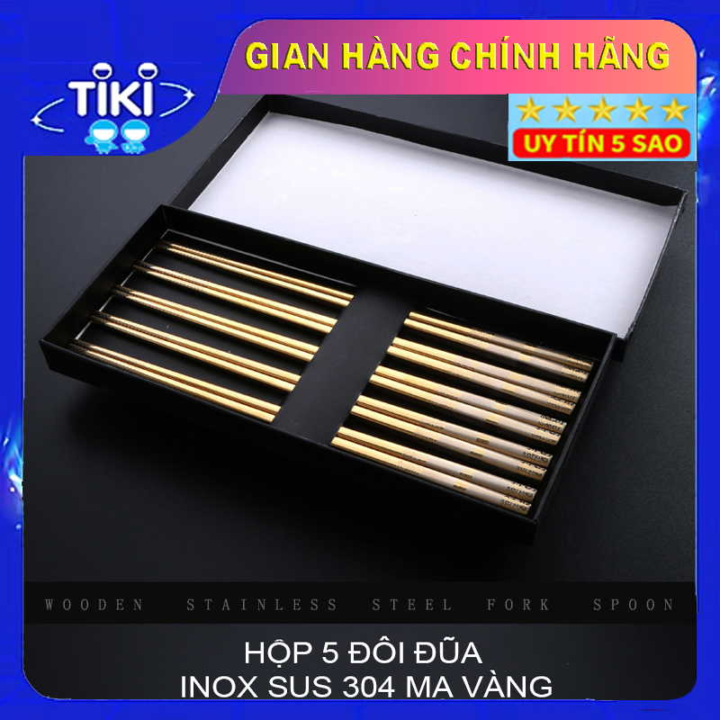 Hộp 5 Đôi Đũa Inox Mạ Vàng Jodily Cao Cấp - Không Trơn Trượt, Bền Mãi Với Thời Gian