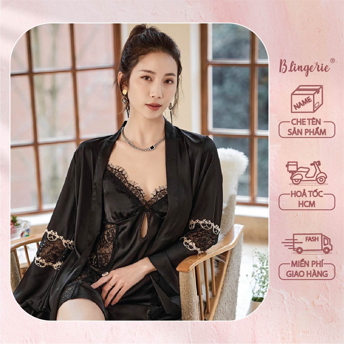 Váy Ngủ Hai Dây Ren Hoa Thanh Lịch (Kèm áo choàng) - B.Lingerie
