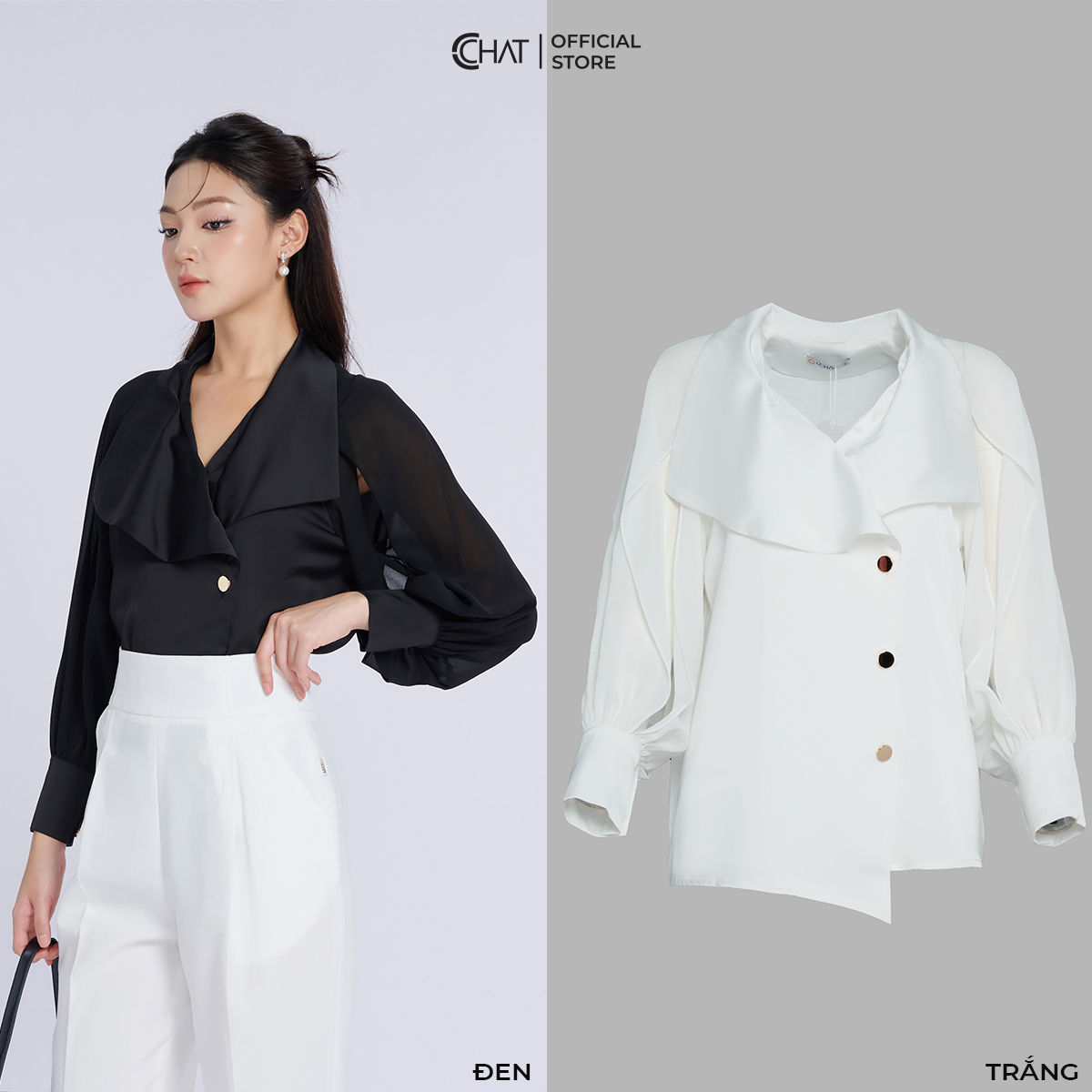 Áo Sơ Mi Nữ Kiểu Cổ Rủ Tay Phối Xẻ Chất Liệu Lụa Cao Cấp Mềm Mịn 53FDL8022ST