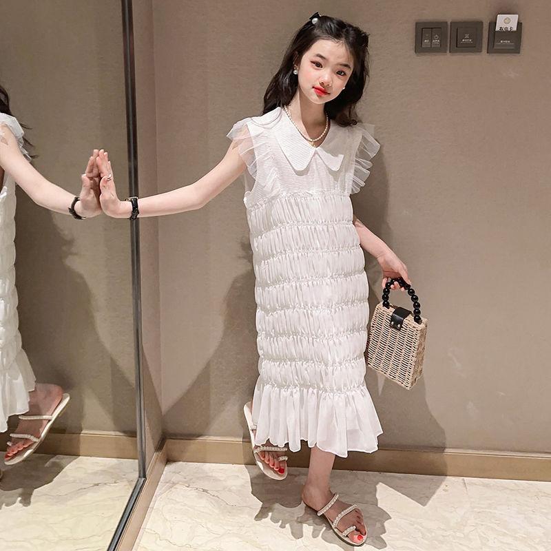 CHENGRUI Cô gái mùa hè chiffon rắn màu đầm 2023 trung bình trẻ em phong cách phương Tây thời trang mùa hè váy công chúa thời trang trẻ em