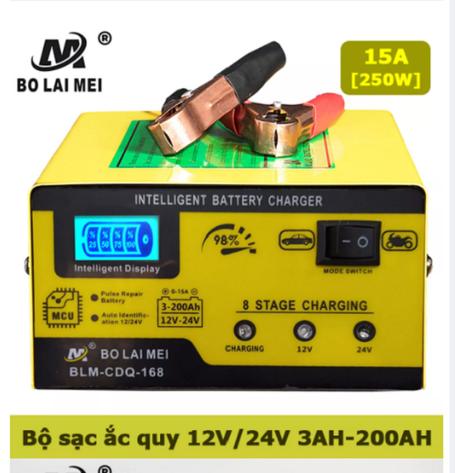 Bộ sạc ắc quy 12v/24v 3AH - 200ah BT-168 máy sạc bình xe máy ôtô xe tải thông minh tự động ngắt khi đầy