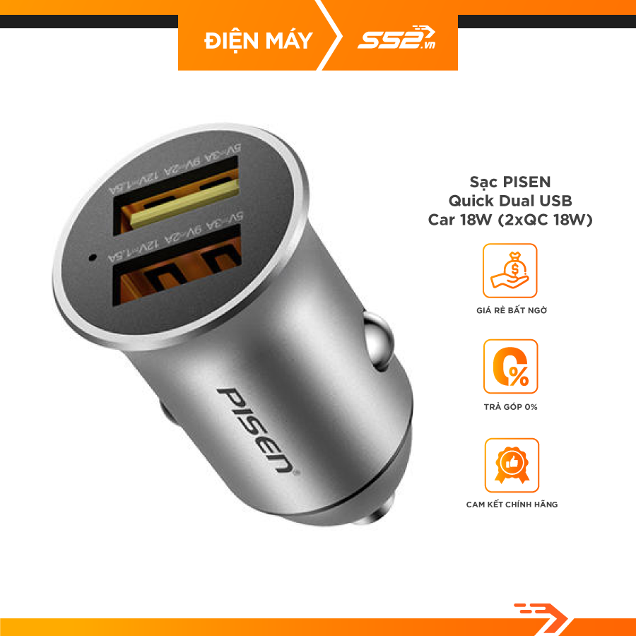 Sạc PISEN Quik Dual USB Car 18W (2xQC 18W) - (TP-C02LXF ) - Hàng chính hãng