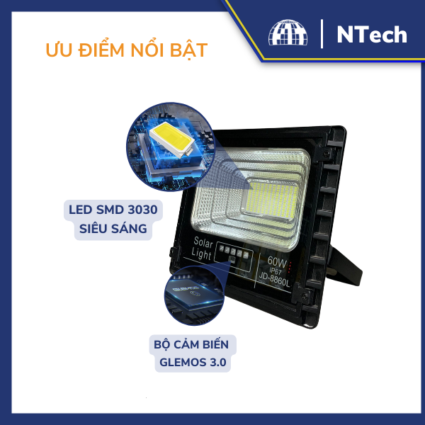Đèn pha năng lượng mặt trời Jindian JD-8860L Công suất 60W