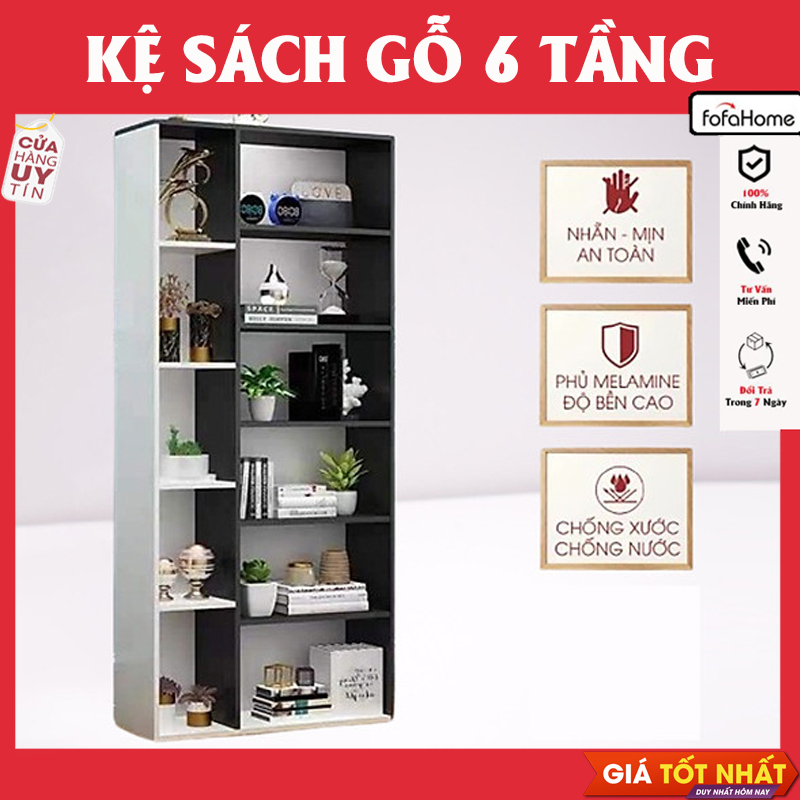Kệ Sách Gỗ Nội Thất 6 Tầng 2 Màu Kết Hợp. C130 x D60 x R17cm. Kệ Gỗ Trang Trí Decor Nhà Cửa Gỗ MDF Phủ Melatium Cao Cấp