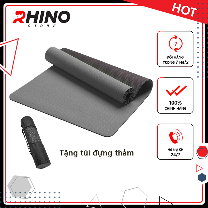 Thảm Tập Yoga 2 Lớp 6Mm Tặng Kèm Túi Rhino M901 Cao Su Non Tpe Siêu Bám, Chống Trượt, Tập Gym, Thể Dục Tại Nhà - Hàng Chính Hãng - Mặt Trên Xám