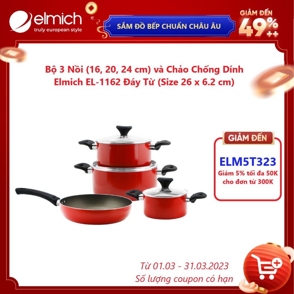 Bộ 3 Nồi (16, 20, 24 cm) và Chảo Chống Dính Elmich EL-1162 Đáy Từ (Size 26 x 6.2 cm)