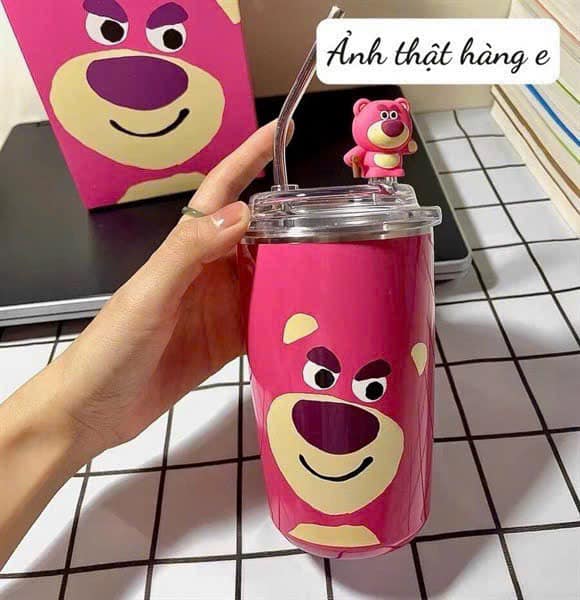 CỐC GIỮ NHIỆT HÌNH GẤU LOSTO MÀU HỒNG DỄ THƯƠNG - DUNG TÍCH 600ML, KÈM ỐNG HÚT VÀ STICK NỔI