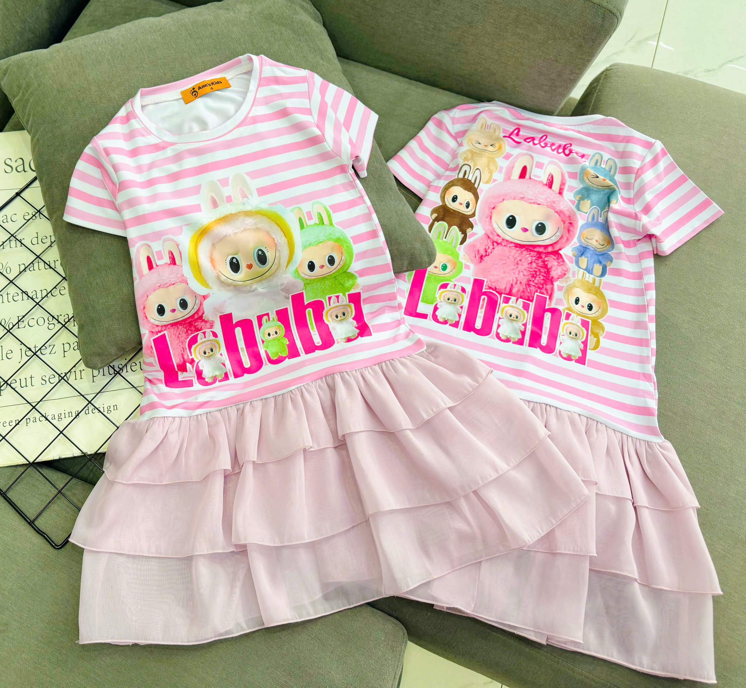 Đầm váy suông cho bé gái diện tết labubu baby three capybara size 12-45kg chất thun lạnh mềm mát
