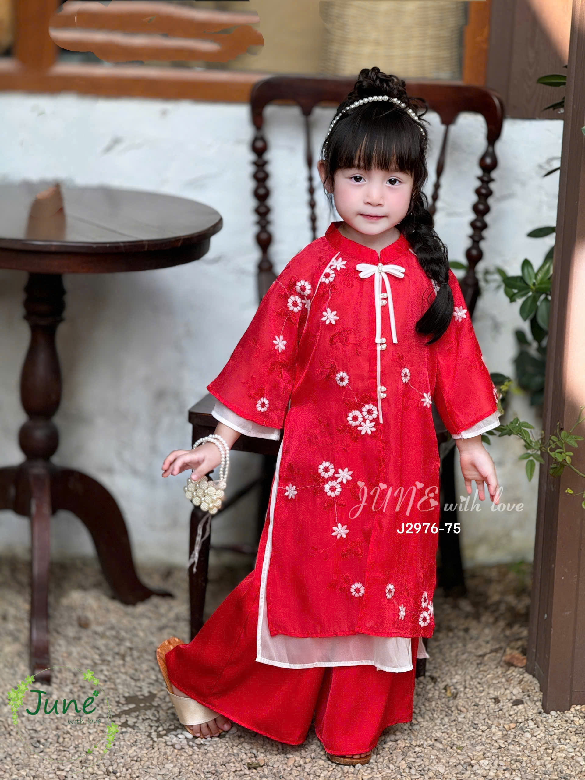 Bộ áo dài cho bé gái mẫu Hoa như ý diện tết đón xuân năm mới 10-40kg mềm mát