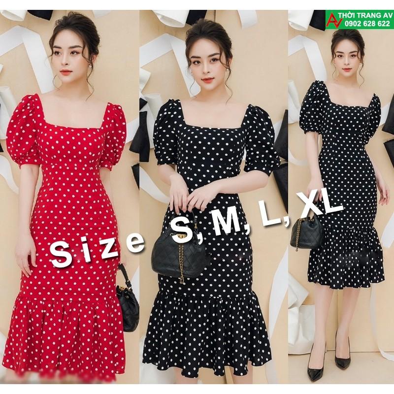 Đầm ôm body chấm bi cổ vuông tay ngắn đuôi cá xinh xắn - AV6266