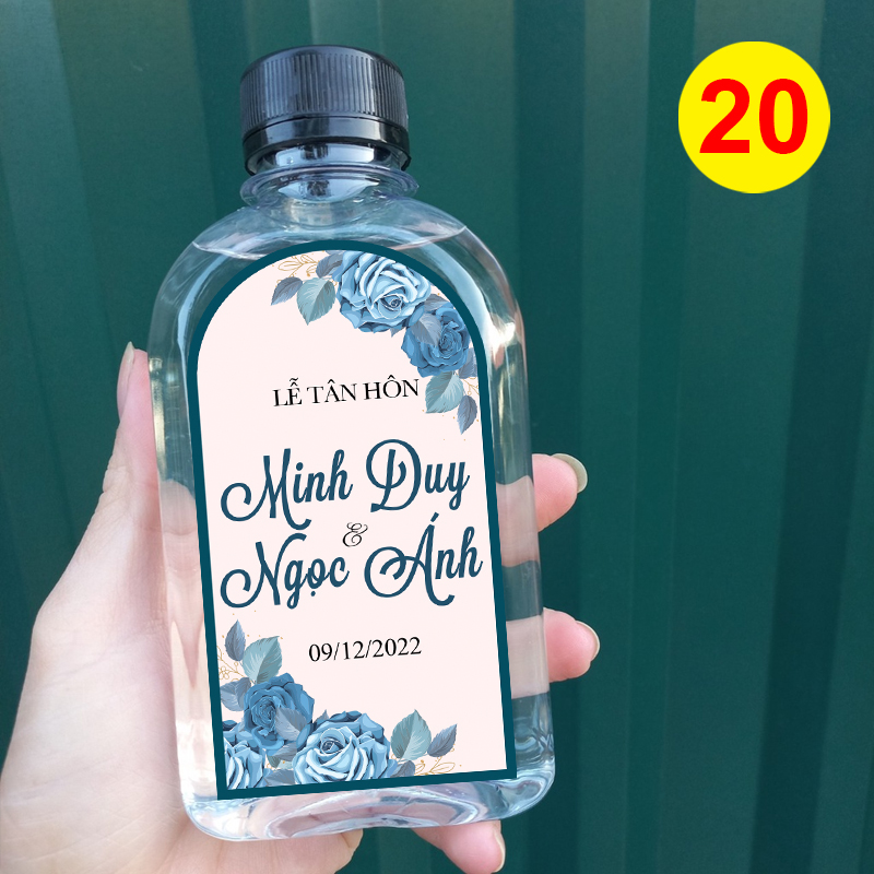 Decal nhãn dán chai nước đám cưới - chai dẹp MS 20