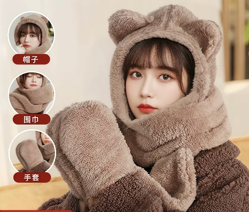 Mũ khăn quàng cổ mũ lông gấu có găng tay thời trang siêu dễ thương giữ ấm dành cho nữ