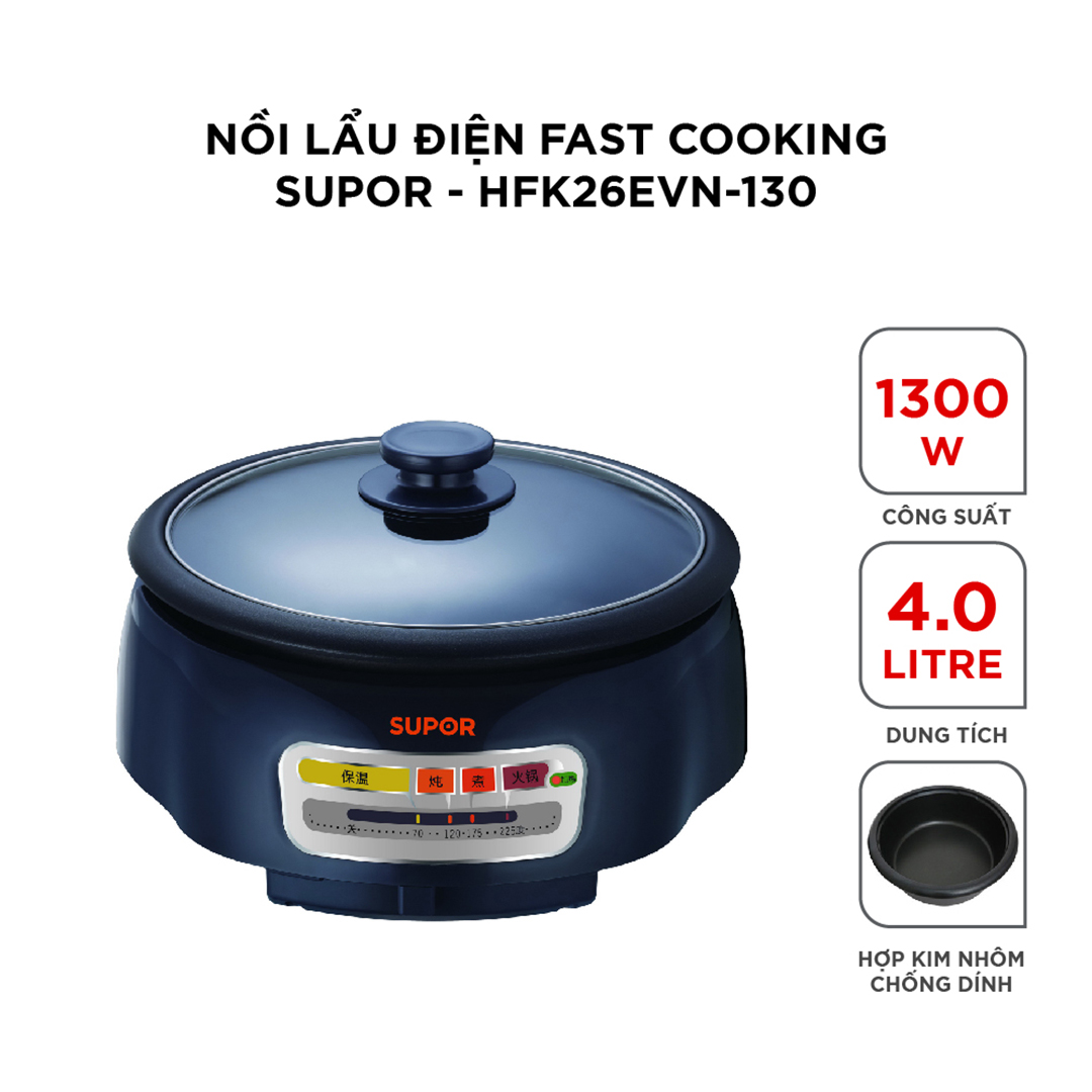 (HÀNG CHÍNH HÃNG) Nồi lẩu điện Fast Cooking Supor HFK26EVN-130 - 4L, 1300W