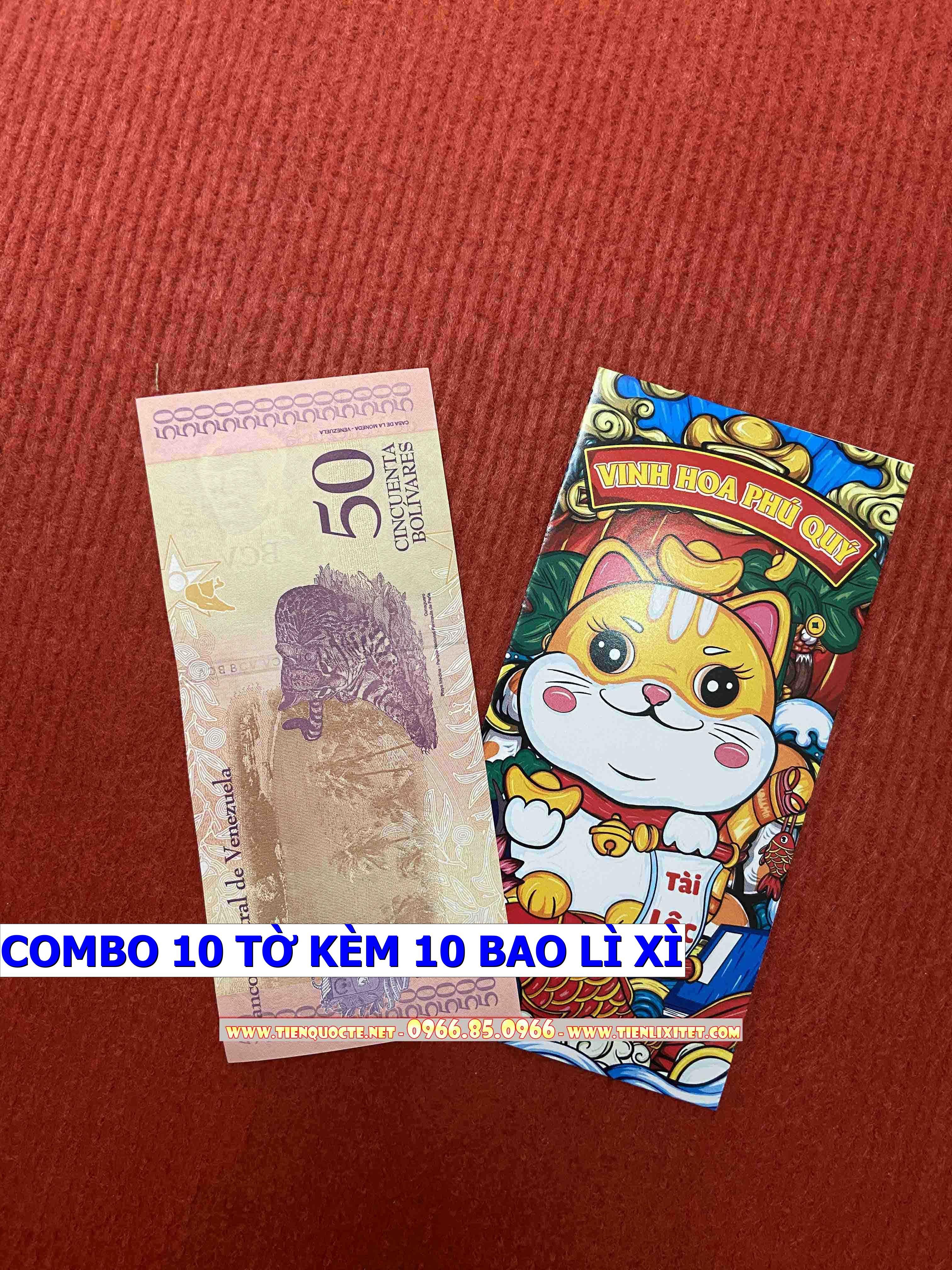 Set 10 tờ Lì xì hình tiền 2023 tấm tiền Venezuelaa hình con mèo 2023, tặng bao đỏ may mắn CPTLGD01857