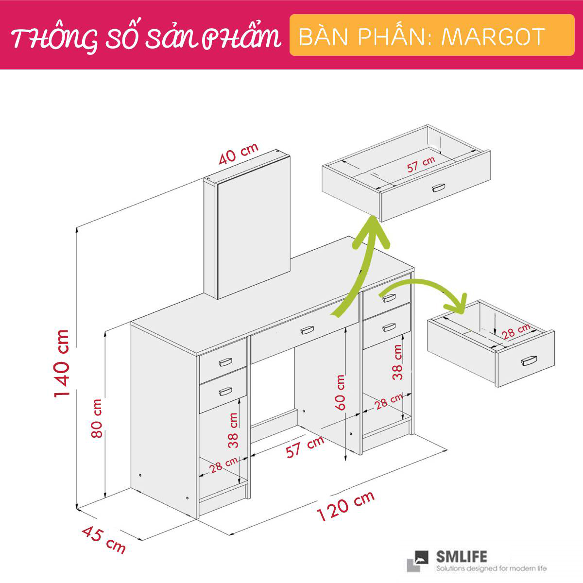 Bàn trang điểm gỗ hiện đại SMLIFE Margot | Gỗ MDF dày 17mm chống ẩm | D120xR45xC140cm