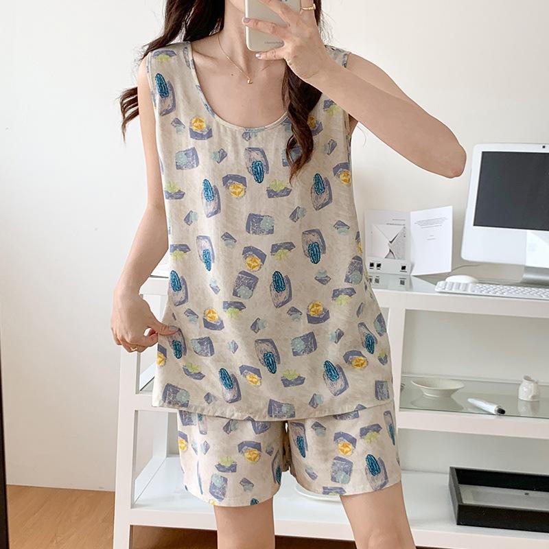 Bộ đồ mặc ở nhà dành cho nữ, bộ áo ba lỗ và quần đùi vải lanh mềm mát, họa tiết trẻ trung, size từ 45 - 75 kg (kiểu 1) - Mẫu 15
