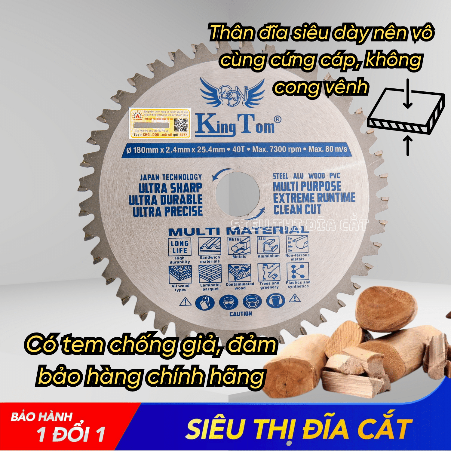 Lưỡi Cắt Gỗ Nhôm Cao Cấp 180-40 Răng (5 In 1) KingTom - Cắt Siêu Bén - Siêu Bền