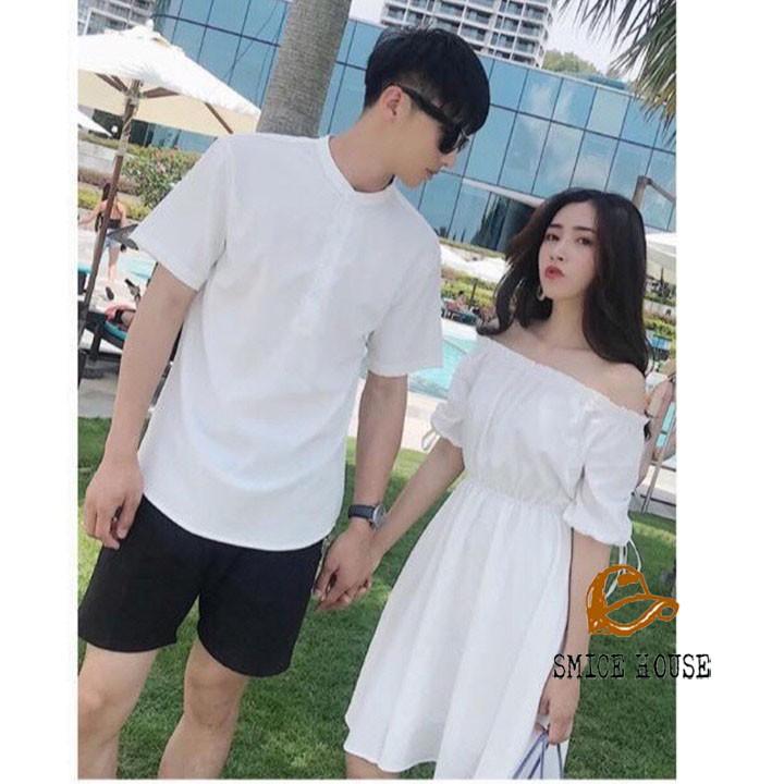 SET ĐỒ ĐÔI NAM NỮ, ÁO CẶP ÁO SƠ MI ĐẦM TRỄ VAI MÀU TRẮNG DỄ THƯƠNG