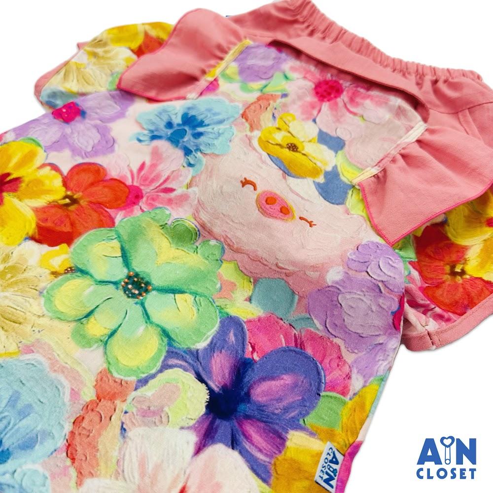 Bộ quần áo ngắn bé gái họa tiết hoa Dâng Bụt hồng cotton - AICDBGBJZ3IS - AIN Closet