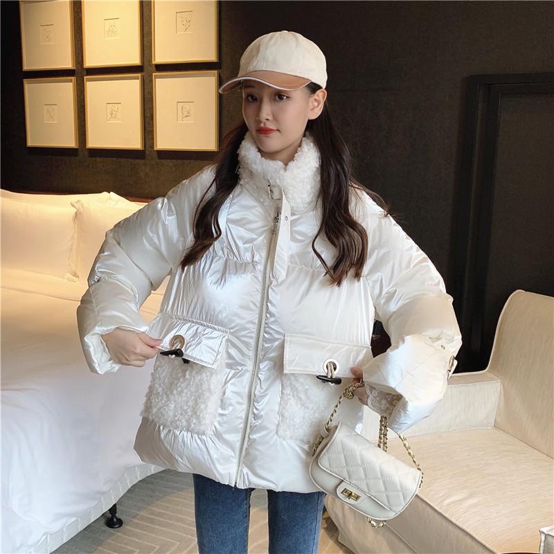 Áo Khoác Phao Cổ Đứng Lông Cừu Màu Sữa Phong Cách Hàn Quốc