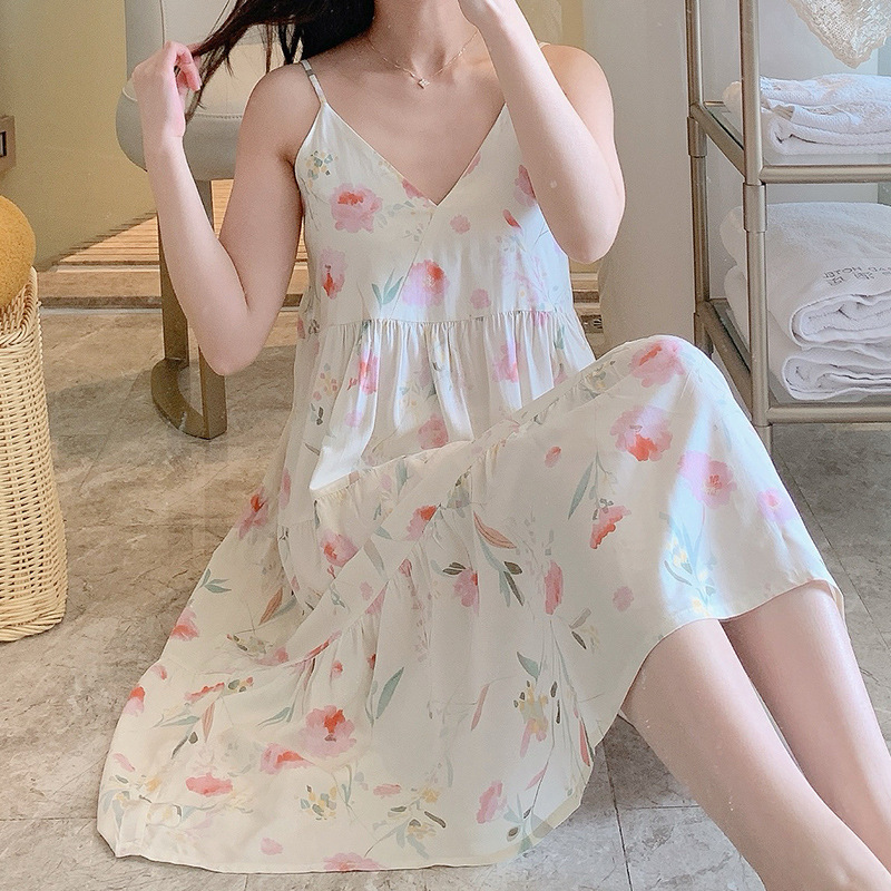 Váy 2 dây cho nữ mặc nhà vải lanh mềm mát, dáng xòe, nhiều họa tiết, freesize từ 45 đến 75 kg