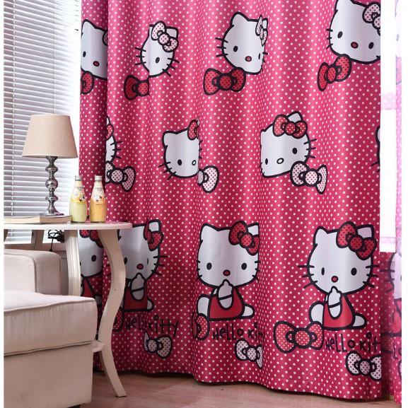 Rèm Cửa Trang Trí Cao Cấp Hoạt Hình Mẫu Mèo Hello Kitty Màu Hồng Chấm Bi Siêu Xinh