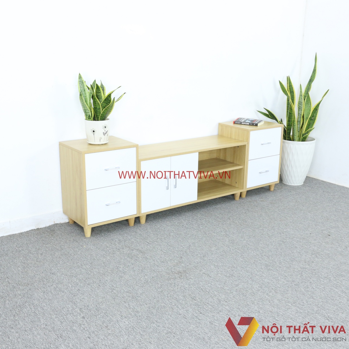Kệ Tivi Gỗ MDF Melamine Lắp Ghép Màu Vàng Phối Trắng Đẹp Hiện Đại