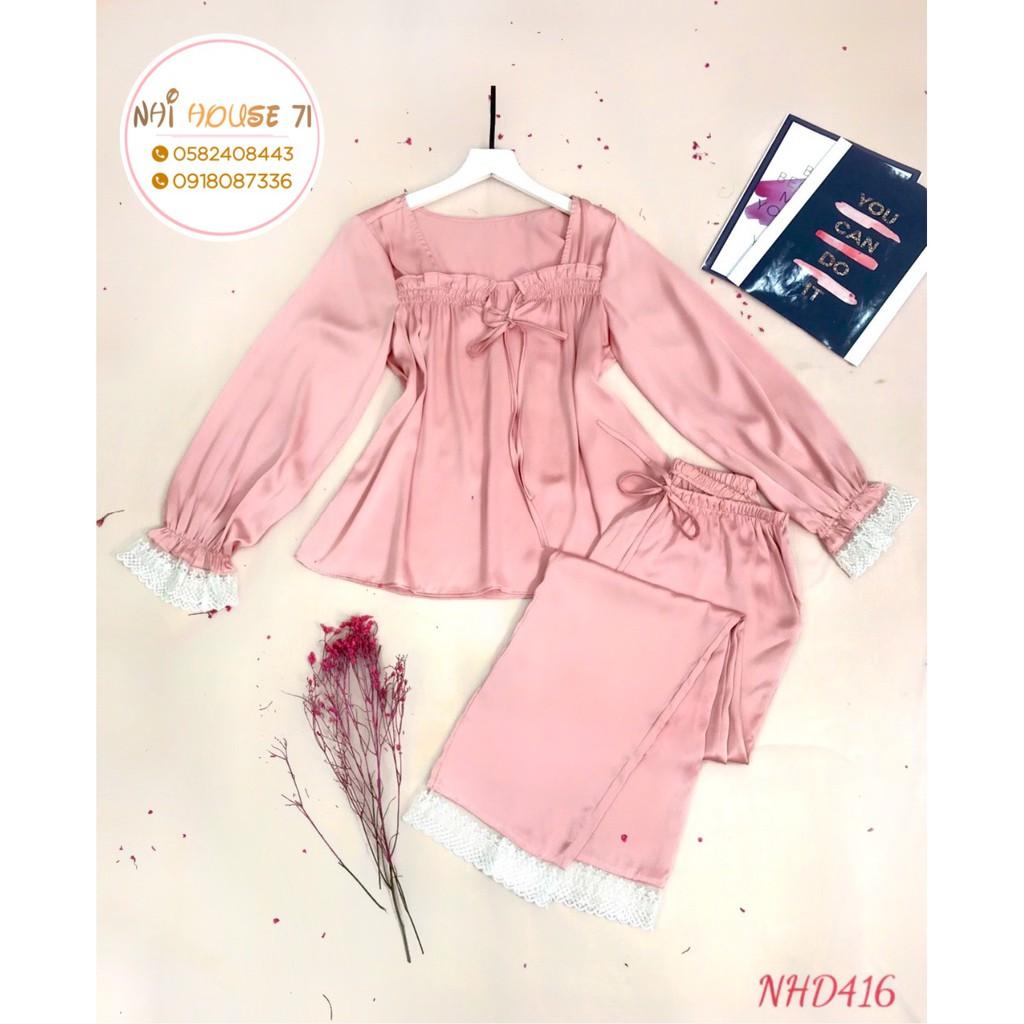 SET BỘ NGỦ PIJAMA TAY DÀI PHỐI REN CỔ U DỄ THƯƠNG LỤA LATIN TÔ CHÂU MỀM MỊN MÁT NHIHOUSE71 FREESIZE DƯỚI 6
