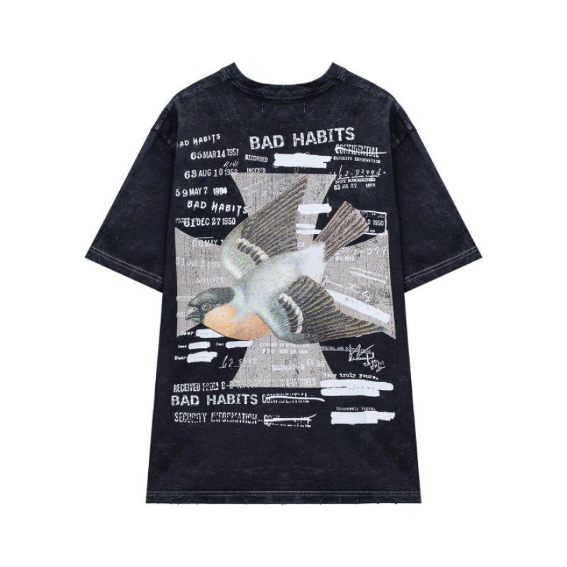 Áo thun unisex tay lỡ Bad habits exited wash đầy đủ tag cổ tag tay - Hany shop