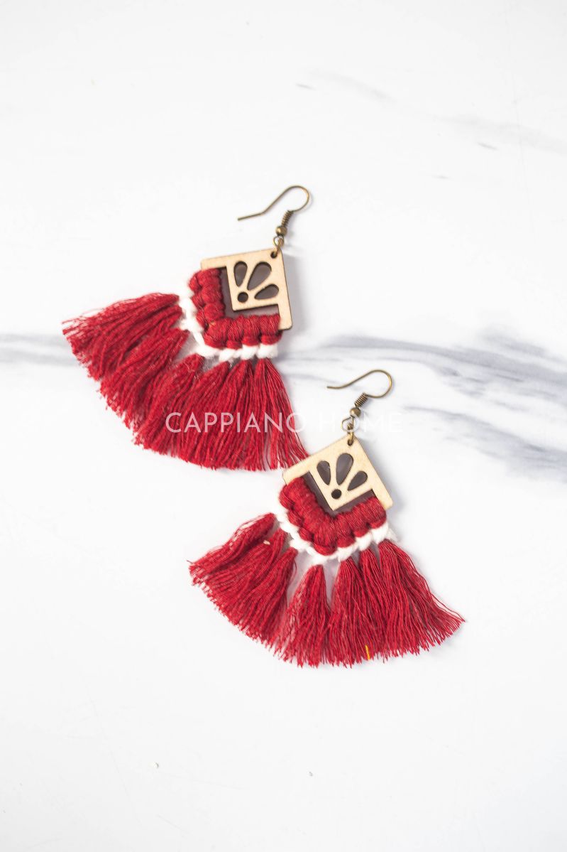 Khuyên boho tua rua màu đỏ đô, bông tai phong cách Vintage đậm chất riêng | CAPPIANO HOME