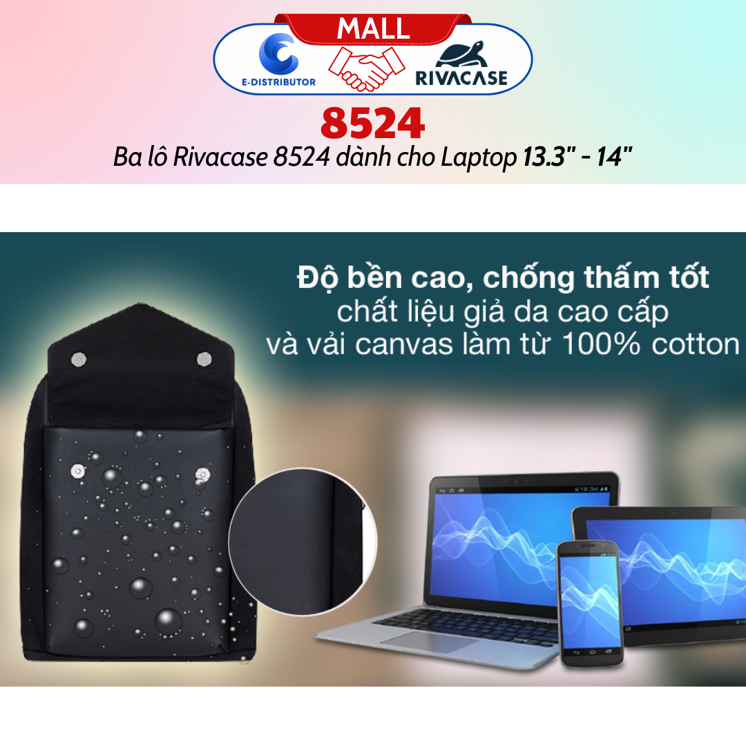 Balô Rivacase 8524 Để Vừa Laptop 13.3&quot; - 14&quot; - Bảo Hành 24 Tháng - Hàng Chính Hãng