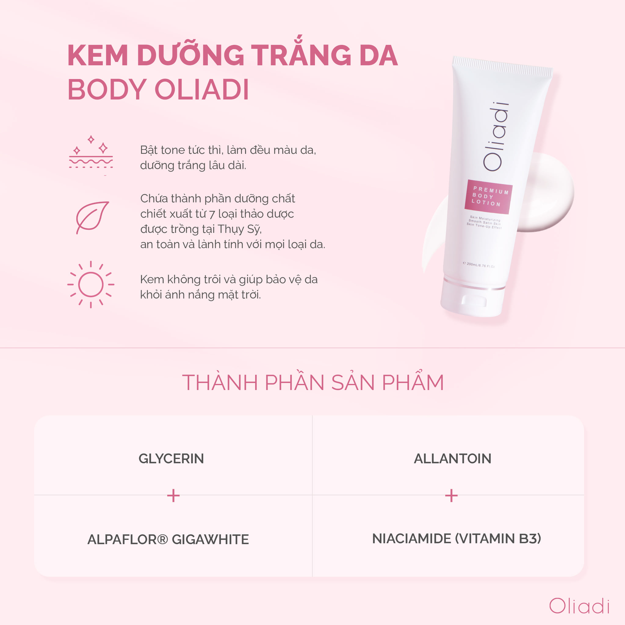 Combo 2 kem body Oliadi dưỡng trắng cấp ẩm chuyên sâu cho làn da 200ml tặng 1 gói bột tắm trắng thảo mộc