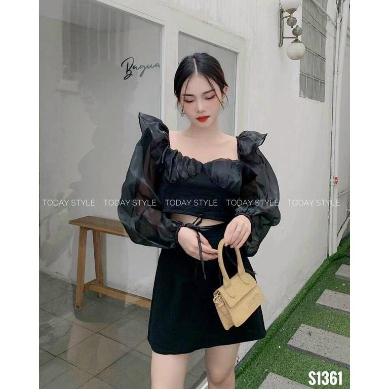 Sét Đồ Bộ Nữ Đũi Nhăn Áo Tay Phối Voan Tơ & Chân Váy