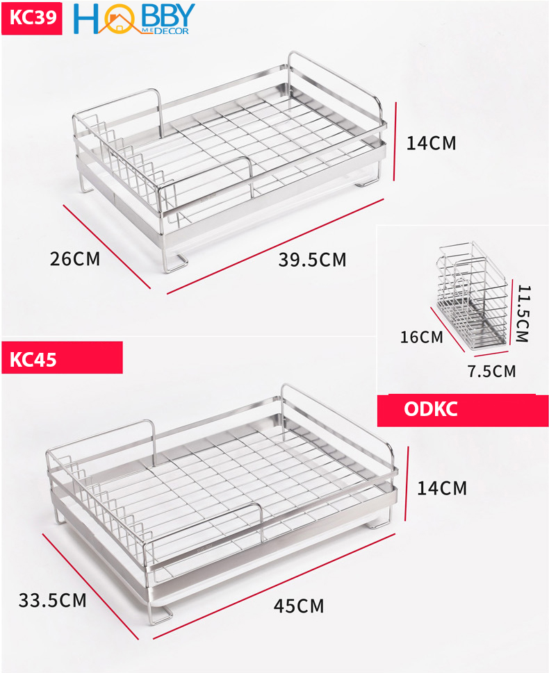 Kệ chén Inox 304 HOBBY KC kèm khay hứng nước và ống đũa - hàng cao cấp cho chung cư - không rỉ sét - 2 size tùy chọn