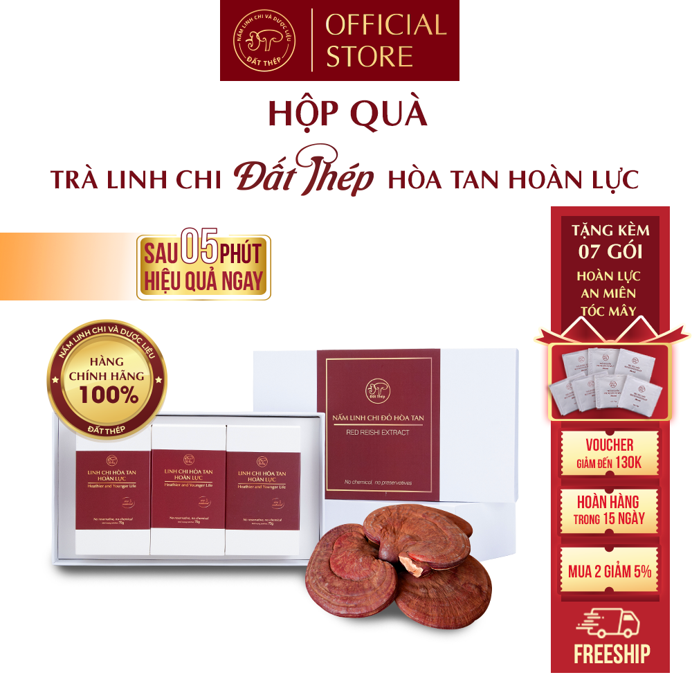 Trà Nấm Linh Chi Đất Thép Hòa Tan Hoàn Lực Hộp loại 8 gói - Hồi phục năng lượng - Tăng tuần hoàn máu