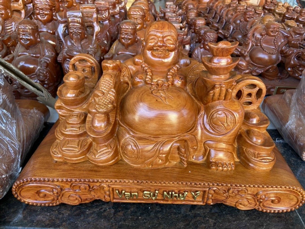 Tượng phật Di lặc kim tiên gỗ hương đá ngang 30cm