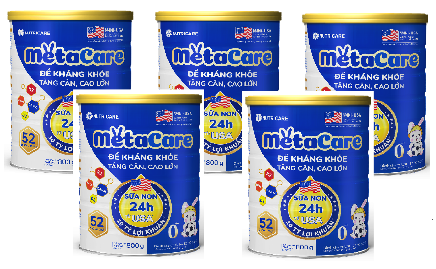Combo 5 lon Sữa bột Nutricare MetaCare 0+ lon 800g - Đề kháng khoẻ, Tăng cân, Cao lớn