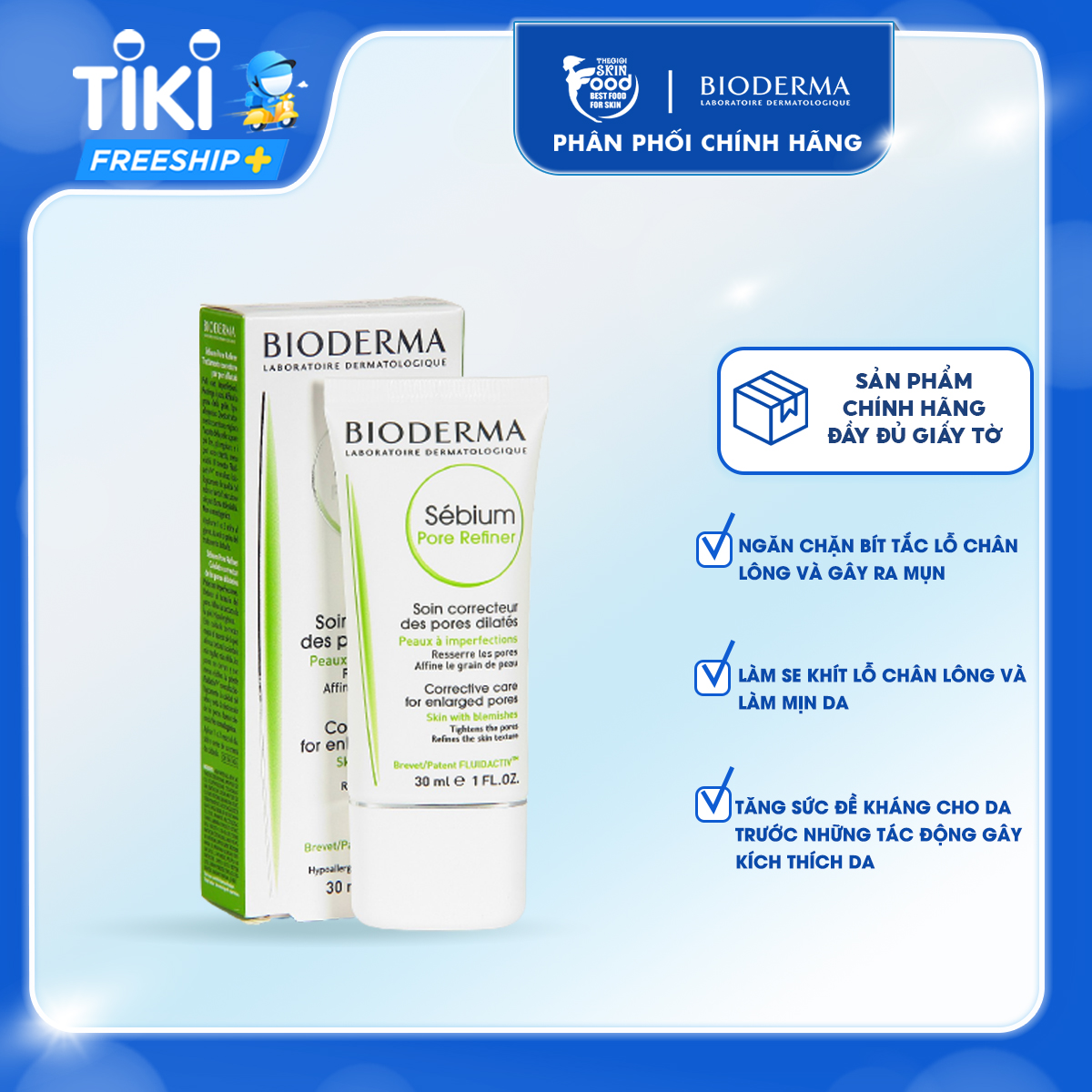 Kem Dưỡng Thu Nhỏ Lỗ Chân Lông, Kiểm Soát Dầu Bioderma Sebium Pore Refiner