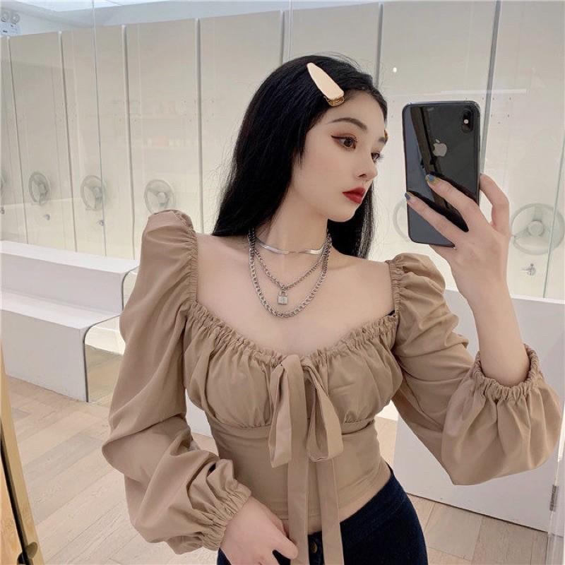 Áo sơmi thắt nơ ngực croptop bèo nhún sexy 2021