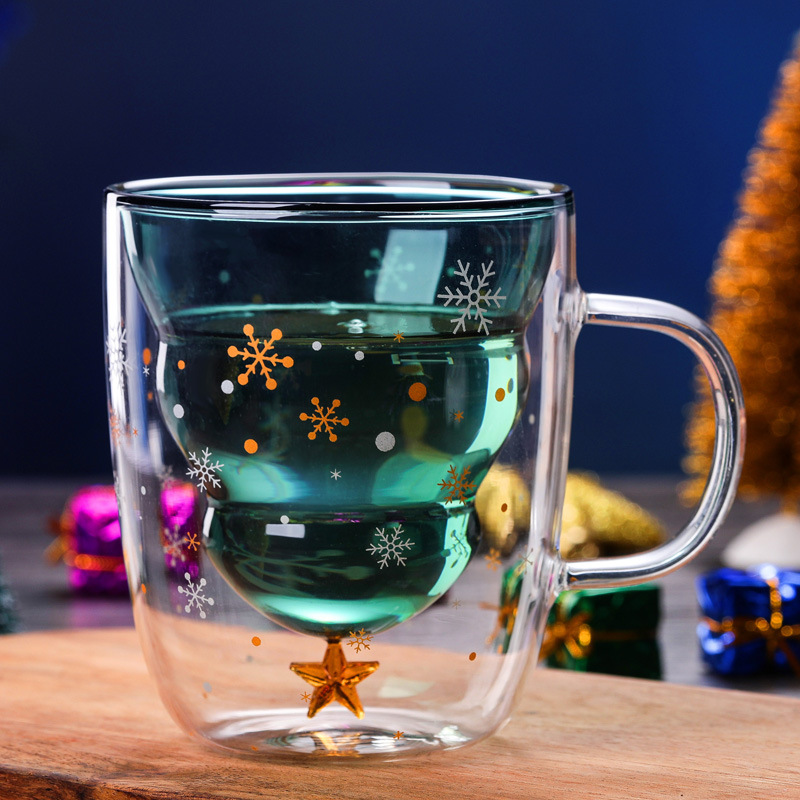 Ly thủy tinh giáng sinh chịu nhiệt Borosilicate 2 lớp có nắp kiểu dáng cây noel