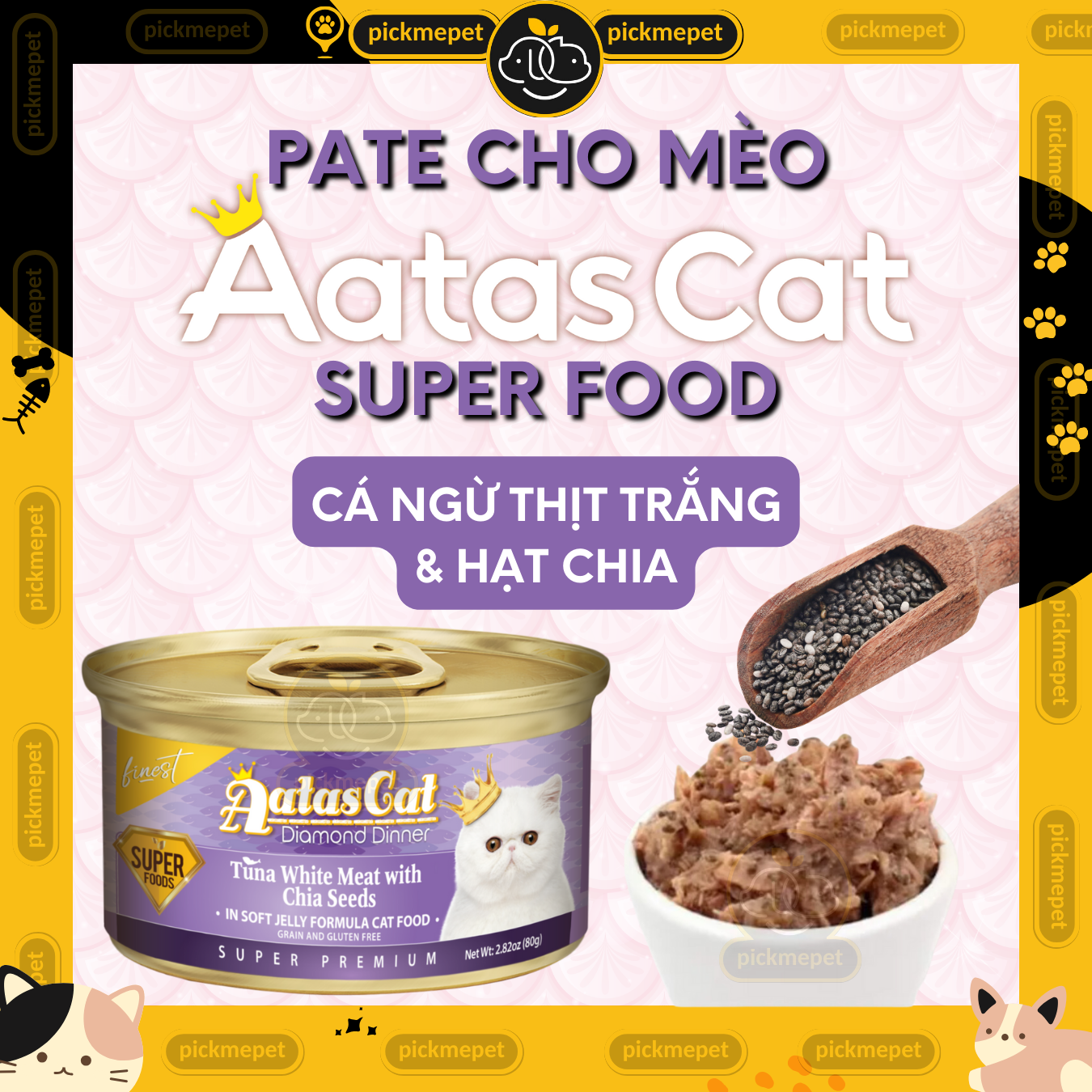 Pate AATAS Super Food Cho Mèo Mọi Lứa Tuổi (Lon 80g) Pate Aatas Daily Defence, Diamond Dinner