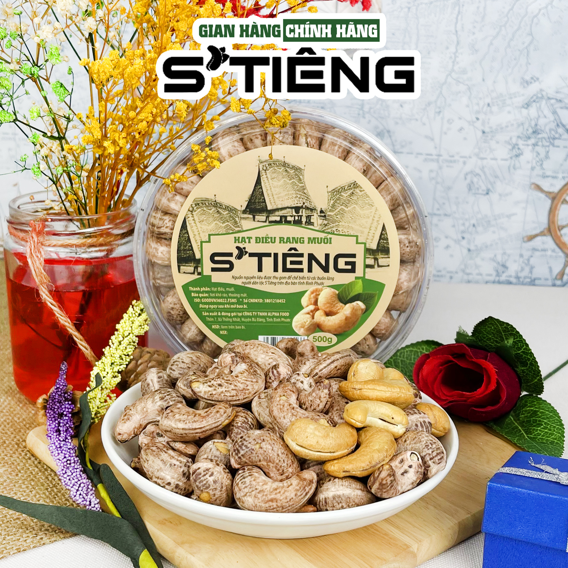 500Gr Hạt Điều Rang Muối Nguyên Hạt S'TIÊNG Hộp Xếp Hoa Đẹp Mắt