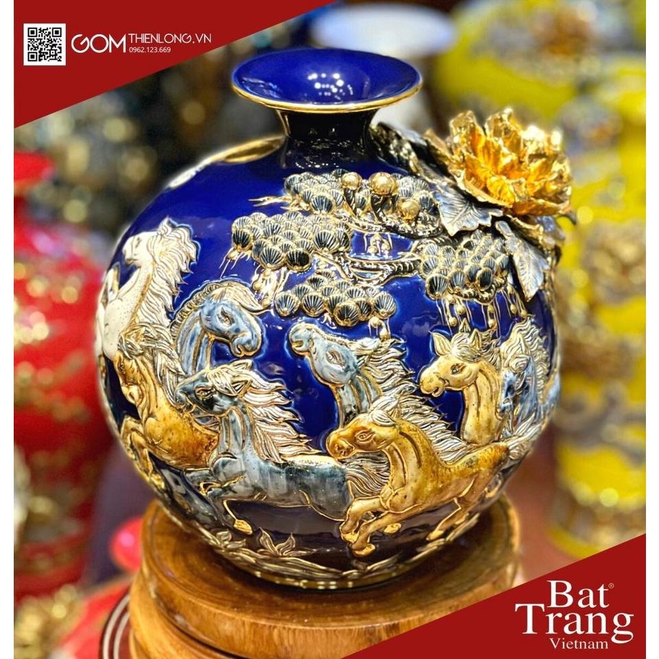 Bình Hút Lộc Mã Đáo Thành Công Màu Xanh Tím -Vẽ Vàng Đắp Nổi Hàng Kỹ -Bình Tài Lộc Bát Tràng -Gốm Thiên Long
