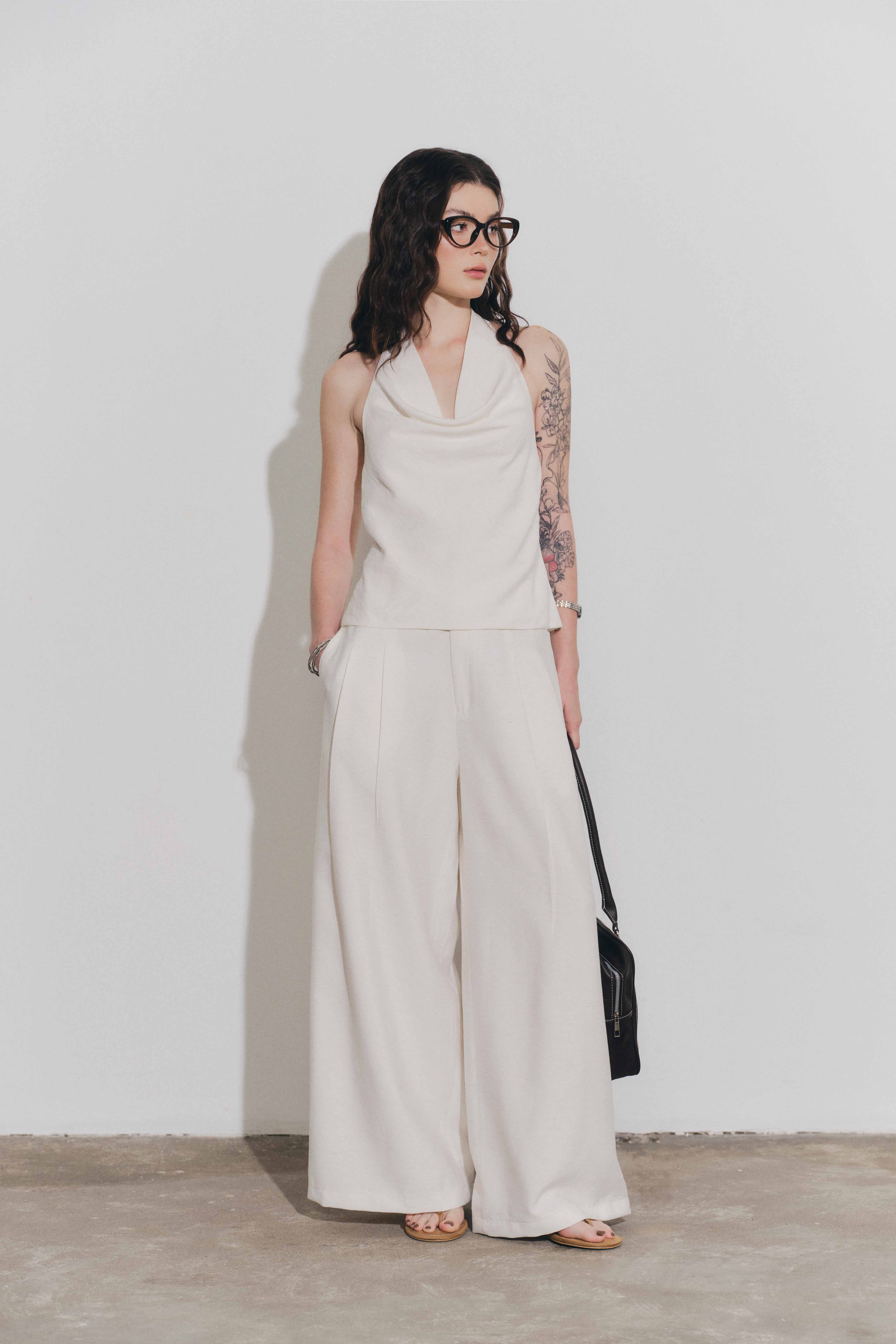 DOTTIE - Quần tây ống rộng lưng cao - Be nhạt - Q0408