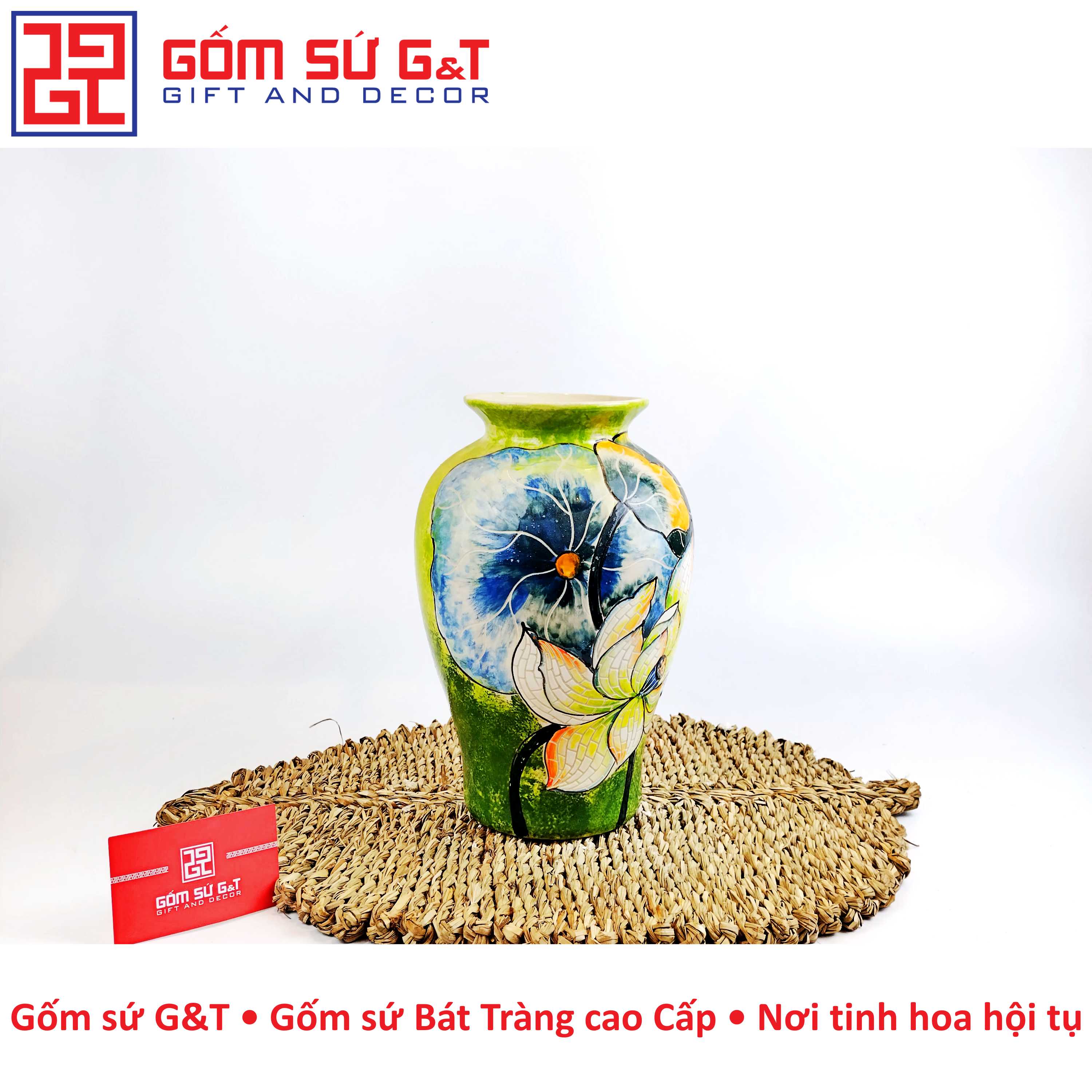 Lọ hoa dáng vò vẽ bạch liên Gốm Sứ G&amp;T