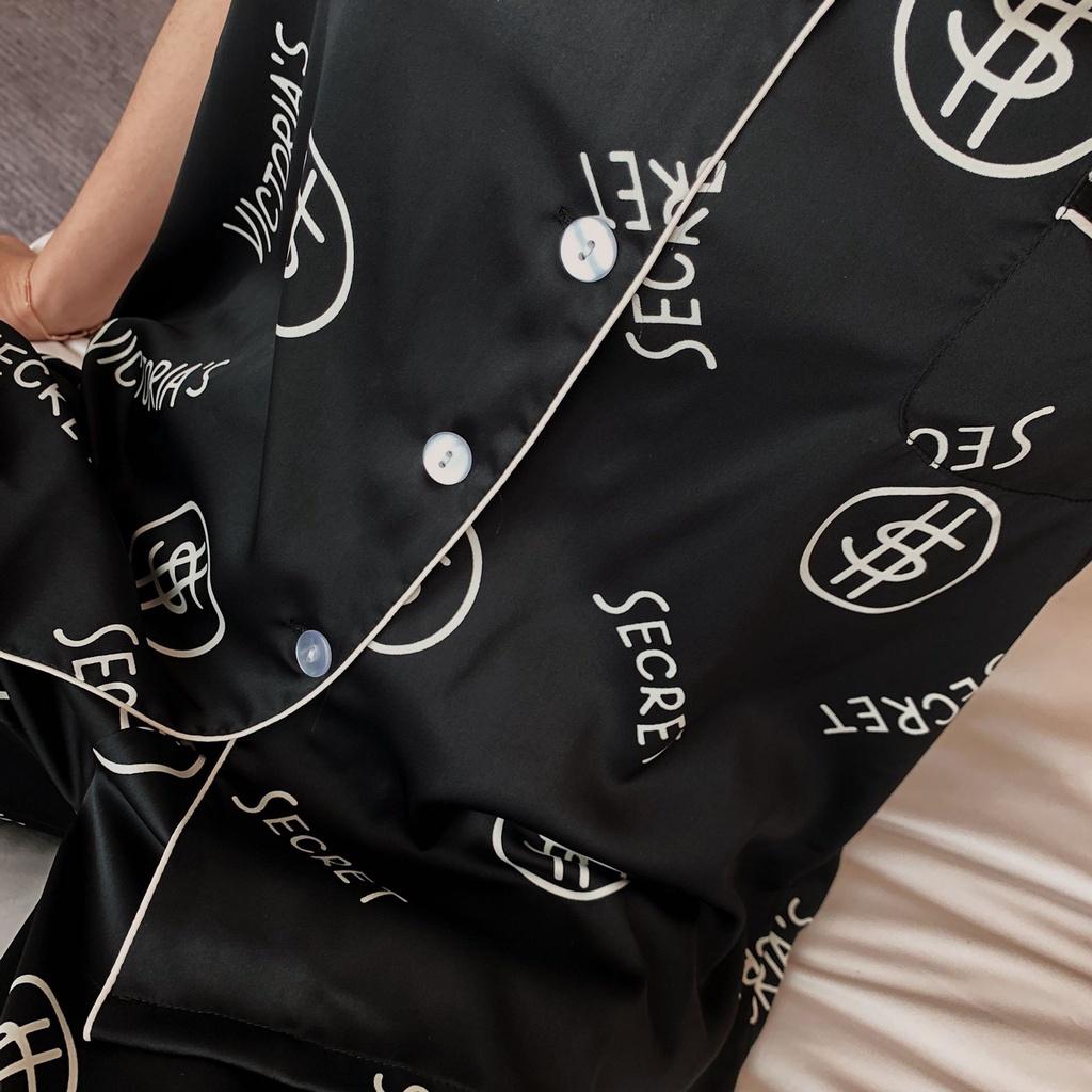 Pijama Nữ - Bộ Ngủ Cộc Dài Vải Lụa Cao Cấp Màu Đen Họa Tiết Chữ CDLP06 - XL &lt; 66kg