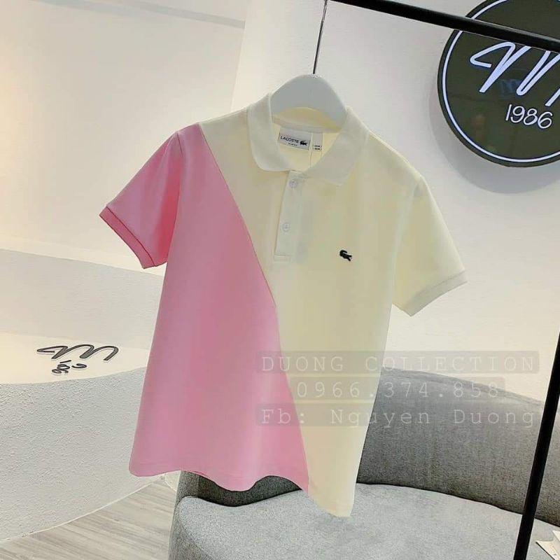 Áo thun cổ bẻ phối màu hồng - be dễ thương